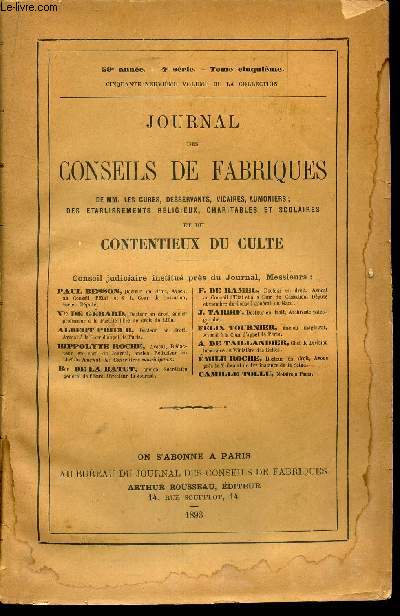 JOURNAL DES CONSEILS DE FABRIQUES - 59eme anne - TOME 5 eme - 4e SERIE - 59eme VOLUME DE LA COLLECTION.