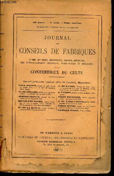 JOURNAL DES CONSEILS DE FABRIQUES - 60eme anne - TOME 6 eme - 4e SERIE - 60eme VOLUME DE LA COLLECTION.