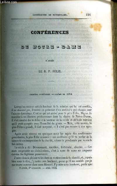 CONFERENCES DE NOTRE DAME - 1ere conference - Careme de 1854.