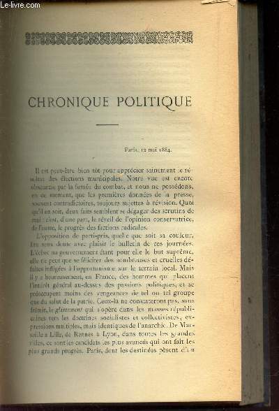 CHRONIQUE POLITIQUE / A PROPOS DE L'UNIVERSALITE DU DELUGE - Paris, 12 mai 1884 - Rponse de M. Lamy.