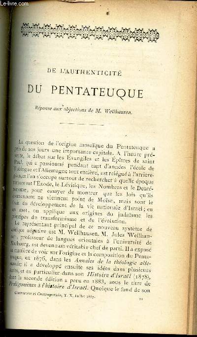 DE L'AUTHENTICITE DU PENTATEUQUE - Rponse aux objections de M. Wellhausen.