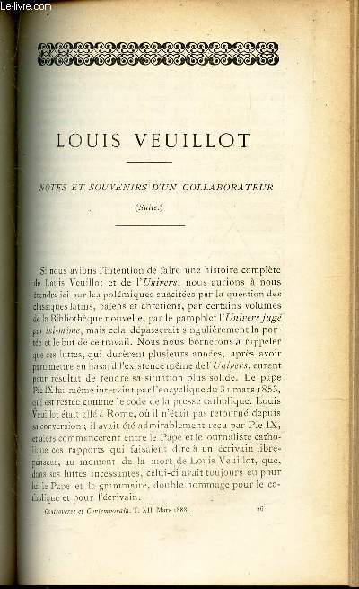 LOUIS VEUILLOT - notes et souvenirs d'un collaborateurs (suite) ( suivre) / LETTRE INEDITE du Chancelier Maupeou.
