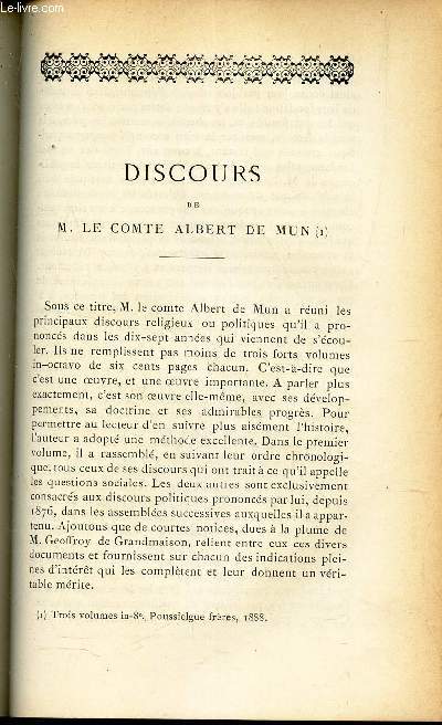 Discours de M le Comte Albert de Mun / REvue d'ecriture Sainte / BIBLIOGRAPHIE :