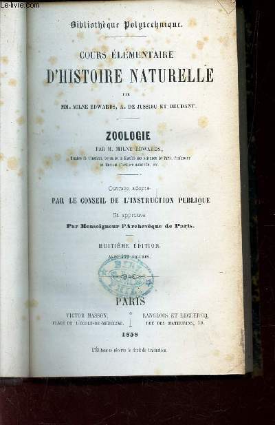 COURS ELEMENTAIRE D'HISTOIRE NATURELLE - ZOOLOGIE / 8eme EDITION.
