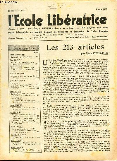 L'ECOLE LIBERATRICE - N23 - 8 mars 1957 / les 213 artivles / Tension franco-marociane / L'Eglise a la conquete de la Republique etc...