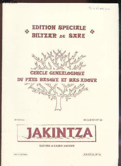 JAKINTZA - BULLETIN N28 / EDITION SPECIALE BILTZAR DE SARE - Cercle genealogique du Pays BAsque et Bas Adour / Journal N11.