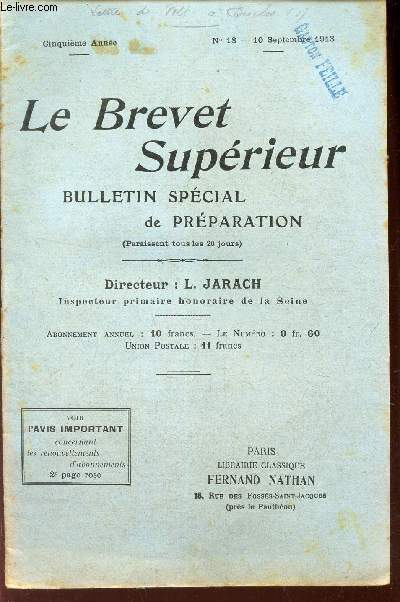 LE BREVET SUPERIEUR - N18 - 10 septembre 1913 - 5e anne.