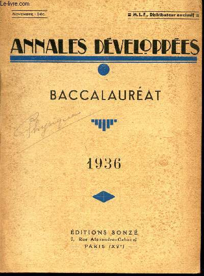 BACCALAUREAT - ANNALES DEVELOPPEES - NOV-DEC 1936.