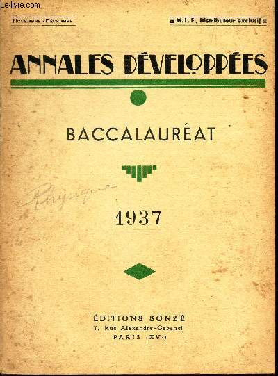 BACCALAUREAT - ANNALES DEVELOPPEES - NOV-DEC 1937.