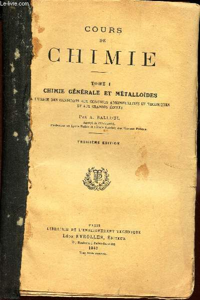 TOME I : CHIMIE GENERALE ET METALLOIDES -