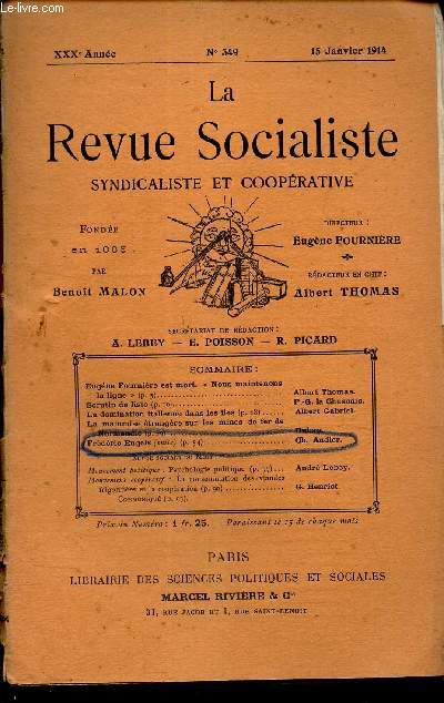 LA REVUE SOCIALISTE - N349 - 15 janvier 1914 - XXXe anne / FREDERIC ENGELS par Ch ANDLER.