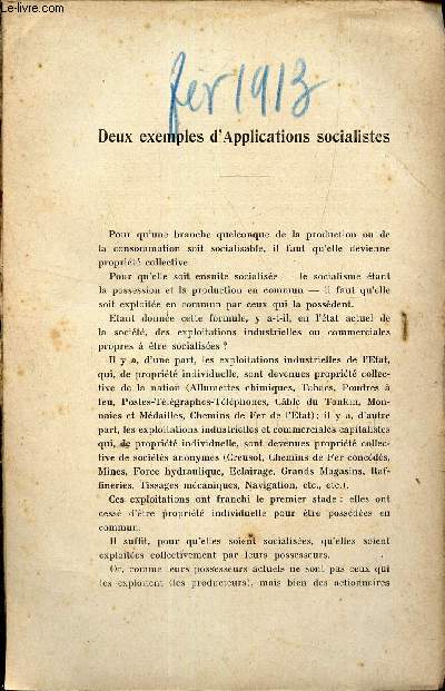 LA REVUE SOCIALISTE / FEVRIER 1913 / - DEUX EXEMPLES D'APPLICAIONS SOCIALISTES.
