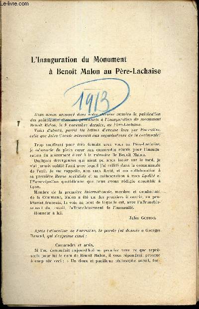 LA REVUE SOCIALISTE - 1913 / L'INAUGURATION DU MONUMENT A BENOIT MALON AU PERE-LACHAISE.