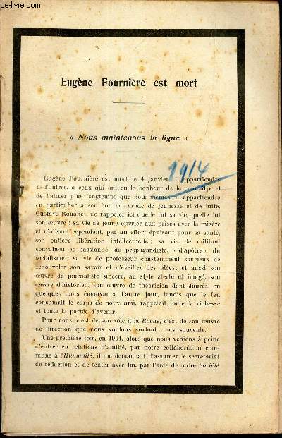 LA REVUE SOCIALISTE - 1914 / EUGENE FOURNIER EST MORT -