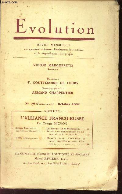 EVOLUTION - N70 - Octobre 1931 / L'ALLIANCE FRANCO-RUSSE par Georges MICHON.
