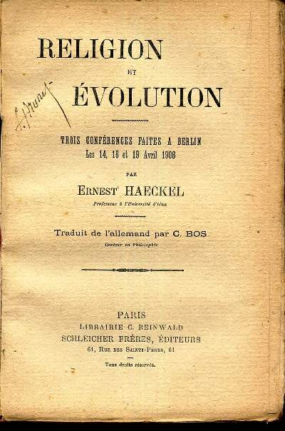 RELIGION ET EVOLUTION - TROIS CONFERENCES FAITES A BERLIN les 14, 16 et 19 AVRIL 1906.