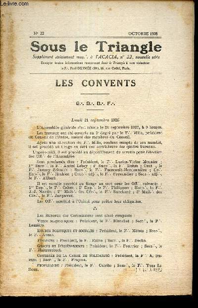 SOUS LE TRIANGLE - supplement  l'ACACIA, N22 - OCT 1925 / LESS CONVENTS