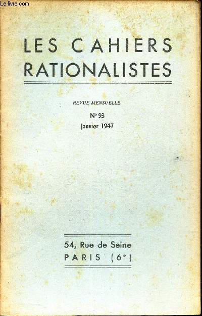 LES CAHIERS RATIONALISTES - N93 - JANVIER 1947 / LES ORIGINES DU CHRISTIANISME.