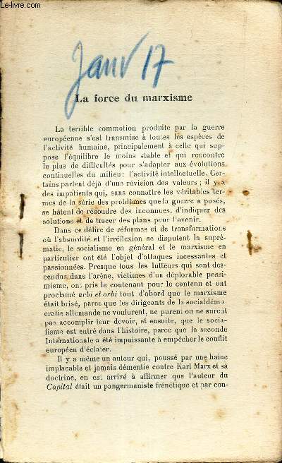 LA FORCE DU MARXISME - EXTRAIT DE L'AVENIR - N? - JANVIER 1917.