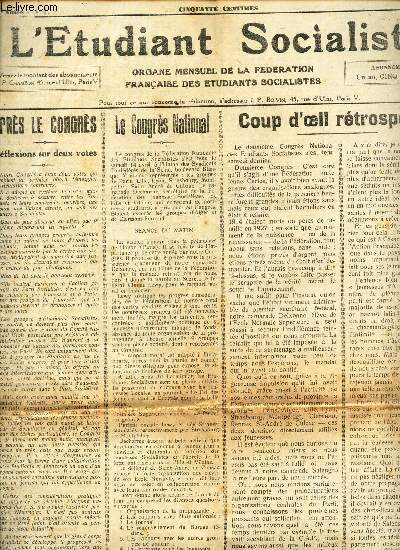 L'ETUDIANT SOCIALISTE - N3 - MAI 1928 / APRES LE CONGRES / LE CONGRES NATIONAL / COUP D'OEIL RETROSPECTIF /