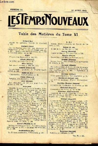 LES TEMPS NOUVEAUX - supplement litteraire - TABLE DES MATIERES DU TOME VI (numero 52 - 27 avril 1912)