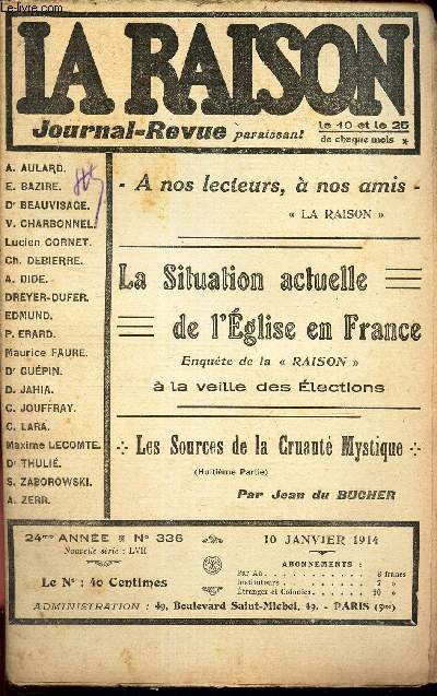 LA RAISON -N336 - 10 jav 1914/ LA SITUATION ACTUELLE DE L'EGLISE DE FRANCE - znquete de la 