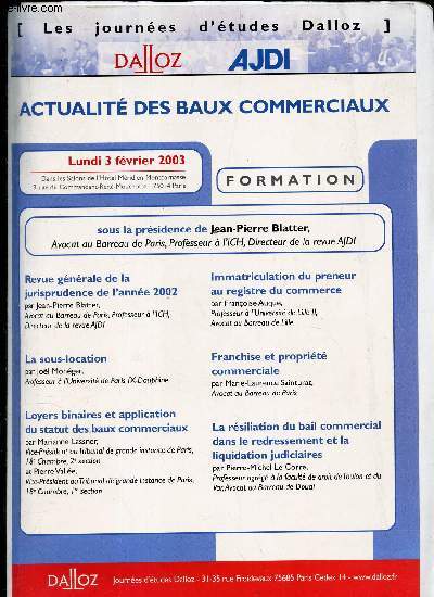 ACTUALITE DES BAUX COMMERCIAUX -FORMATION - 03/02/2003.
