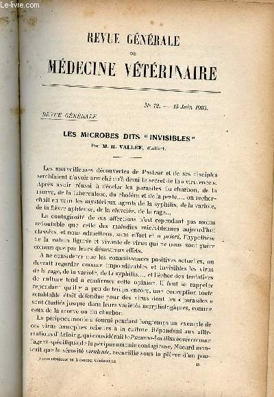 Revue gnrale de mdecine vtrinaire n12 15 juin 1903 - Les microbes dits invisibles par M.H.Valle - sur l'tiologie de l'encastelure par M.A.Huret .