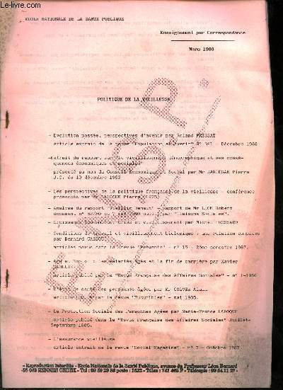Ecole nationale de la sant publique - Enseignement par correspondance mars 1989 - Politique de la vieillesse.
