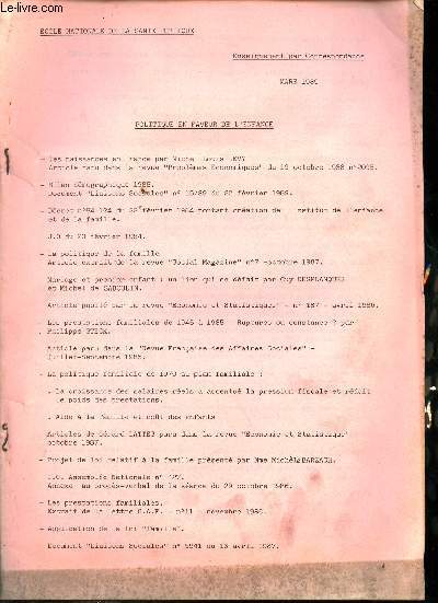 Ecole nationale de la sant publique - Enseignement par correspondance mars 1989 - Politique en faveur de l'enfance.