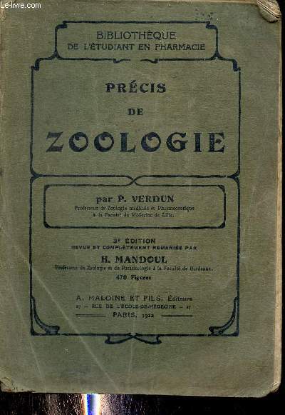Prcis de Zoologie - Collection Bibliothque de l'tudiant en pharmacie - 3e dition.