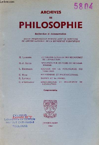 Darwin et sa pense - Extrait des Archives de Philosophie janvier mars 1960.