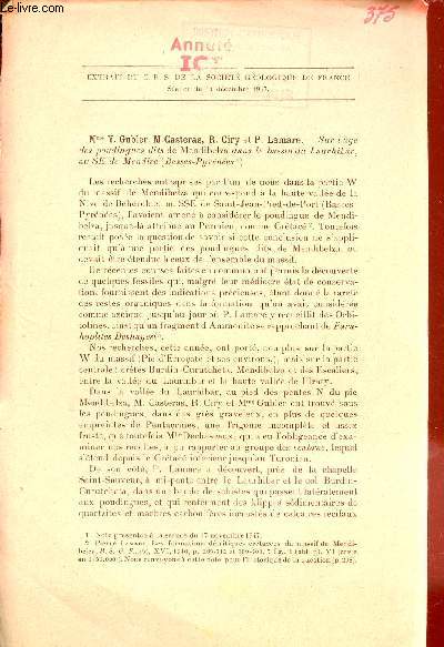 Sur l'age des poudingues dits de Mendibelza dans le bassin du Laurhibar au SE de Mendive (Basses-Pyrnes) - Extrait du C.R.S. de la socit gologique de France sance du 15 dc. 1947.