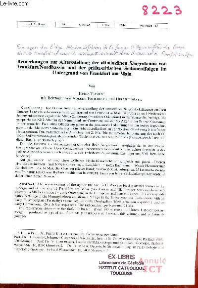 Bemerkungen zur Altersstellung der altmiozanen saugerfauna von frankfurt/nordbassin und der prabasaltischen sedimentfolgen im untergrund von Frankfurt am Main - Geol.Jb.Hessen 115 s.205-216 1 abb. 1 tab. wiesbaden 1987.