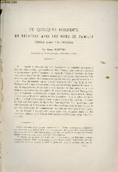 De quelques interdits en relation avec les nom de famille chez les Tai-Noirs - Extrait du Bulletin de l'Ecole Franaise d'Extrme-Orient 1916.