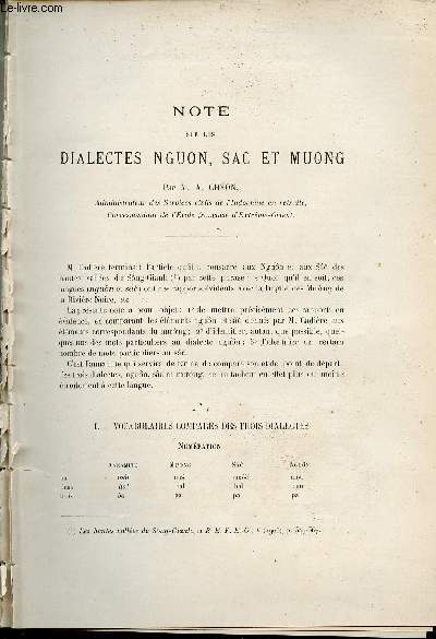 Note sur les dialectes Nguon, Sac et Muong - Extrait du Bulletin de l'Ecole Franaise d'Extrme-Orient 1907.