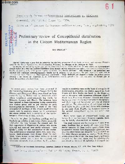 Preliminary review of Cercopithecid distribution in the Circum Mediterranean Region - Extrait Memoires du Bureau de Recherches Gologiques et Minieres 78 131-135 tome 1 1974.