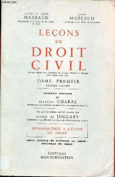 Leons de droit civil - Tome premier premier volume - Sixime dition - Introduction  l'tude du droit.