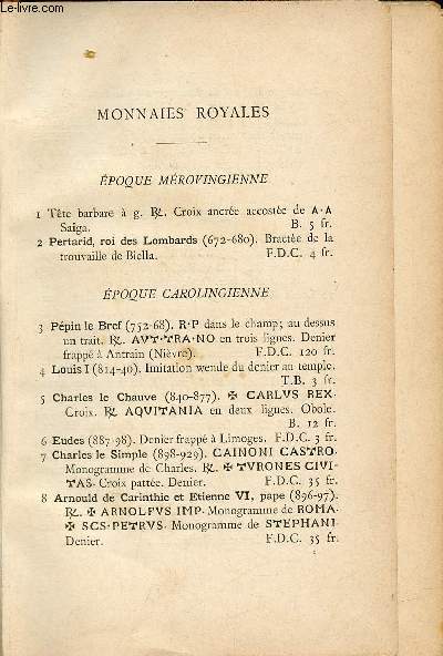 Catalogue Monnaies Royales - Epoque mrovingienne - Epoque carolingienne - Epoque Captienne - Epoque moderne - Monnaies fodales.