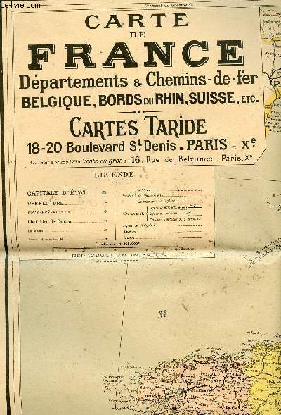 Une carte en couleur : Carte de France dpartements & chemins de fer Belgique Bords du Rhin Suisse etc - Cartes Taride - Echelle 1:1 265 000 - Rfrence n122 - dimension environ 102 x 89 cm
