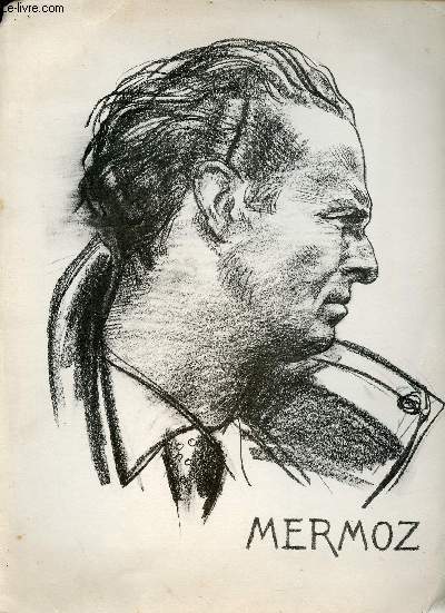 Lot de documents d'archives sur Mermoz contenant : Un dessin original + 9 photos noir et blanc + 1 portrait de Mermoz en noir et blanc + 3 cartes postales + 1 livre + une revue le petit Journal de 1938 sur Mermoz + Un buste en terre cuite de Mermoz.