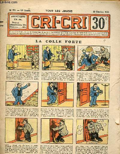 Cri-Cri n786 16e anne 19 octobre 1933 - La colle forte - un chien qui rapporte - coeur d'or par Pierre Adam - amusements et rcrations - l'homme  la carabine - Monkey et Toby - face de fer - le portrait du petit Louis - vaine menace - ironie etc.