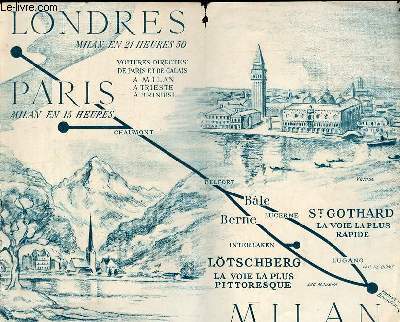 Une petite carte en monochrome d'environ 22 x 18 cm : Londres Milan en 21heures 50 voitures directes de Paris et de Calais a Milan a Trieste a Brindisi - Paris Milan en 15 heures.