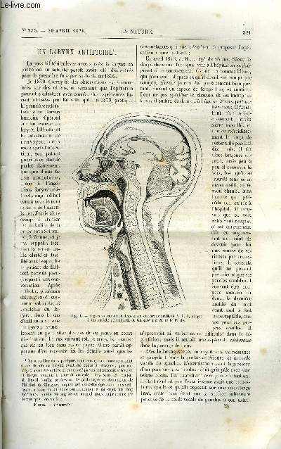La nature n 255 - Un larynx artificiel par David Foulis, Plume lectrique d'Edison par Alfred Niaudet, Histoire du transport de l'aiguille de Clopatre par P. Nolet, Le curare