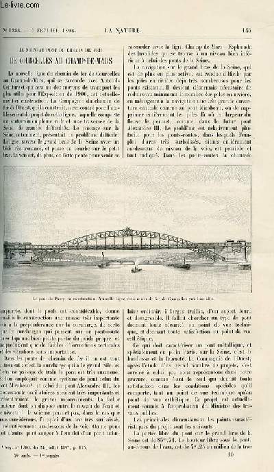 La nature n 1288 - Le nouveau pont du chemin de fer de Courcelles au Champ de Mars avec gravure dans le texte du pont de passy. Viscose et viscod par Lon Lefvre. Bois incombustible. Plantes envahissantes avec gravures dans el texte de plantes