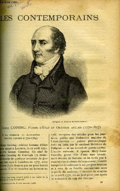 Georges Canning, homme d'Etat et orateur anglais (1770-1827). LES CONTEMPORAINS N 798