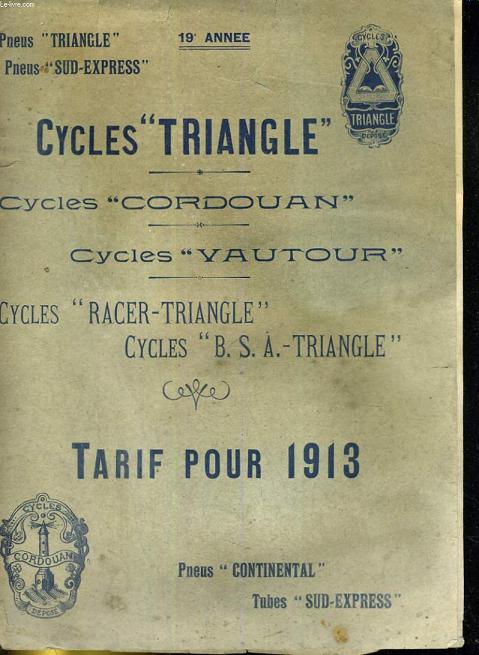 Cycles Triangle, cycles Cordouan, Cycles Vautour, cycles Racer-Triangle. Tarif pour 1913