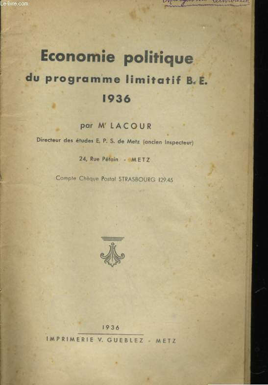 ECONOMIE POLITIQUE DU PROGRAMME LIMITATIF B. E. 1936