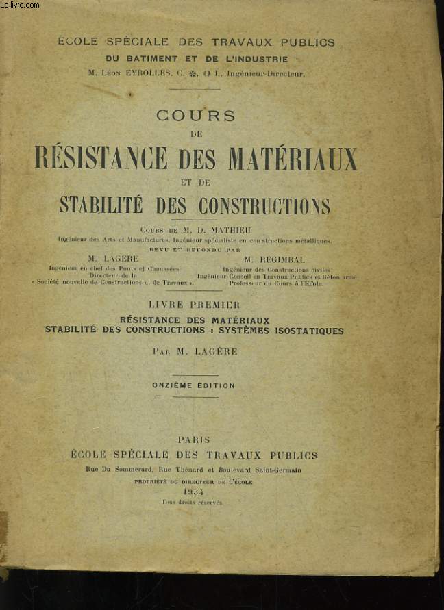 COUS DE RESISTANCE DES MATERIAUX ET DE STABILITE DES CONSTRUCTIONS - TOME 1: RESISTANCE DES MATERIAUX STABILITE DES CONSTRUCTIONS: SYSTEMES ISOSTATIQUES