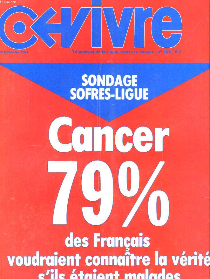 VIVRE, TRIMESTRIEL DE LA LIGUE CONTRE LE CANCER N232 - SONDAGE SOFRES-LIGUE - CANCER 79% DES FRANCAIS VOUDRAIENT CONNAITRE LA VERITE S'ILS ETAIENT MALADES.